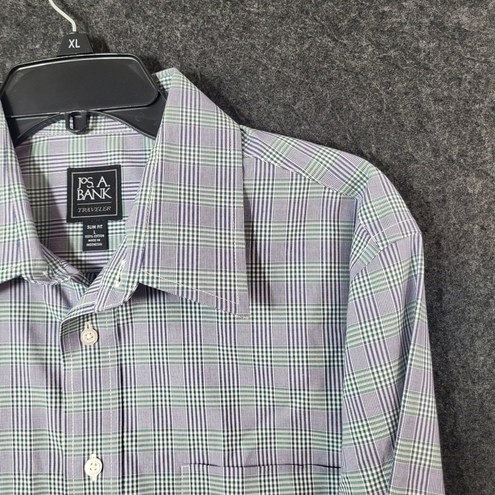 Jos. A. Bank Traveler Slim Fit Shirt Mens Large Purple Green Plaid Long Sleeve